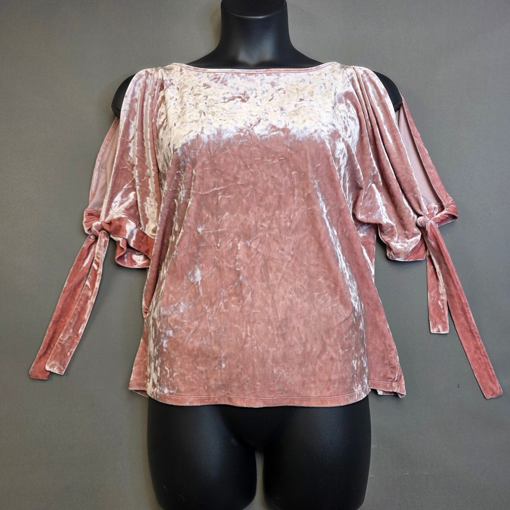 Cupio Top Women's Velvet Cold Shoulder Tie Sleeve Pink XL